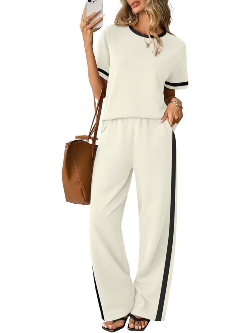 Summer Matching Set for Women | Short Sleeve Lounge Outfit with Wide Leg Pants